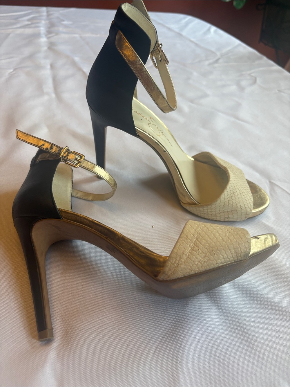 Jessica Simpson Two-Tone Ankle Strap High Heels in Black and Cream
